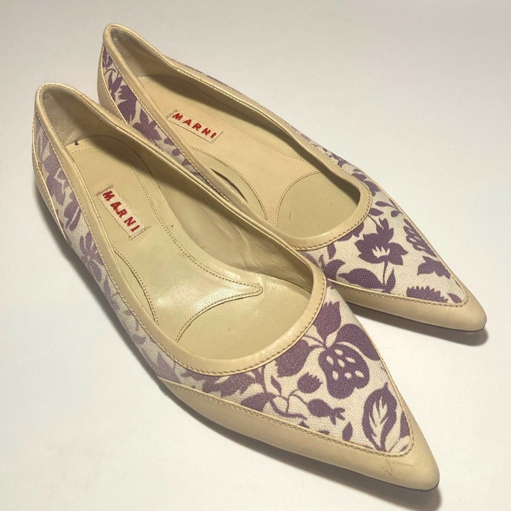 MARNI Leather Ballet Flat | Women's Size IT 39 | Cream/Purple Floral Print